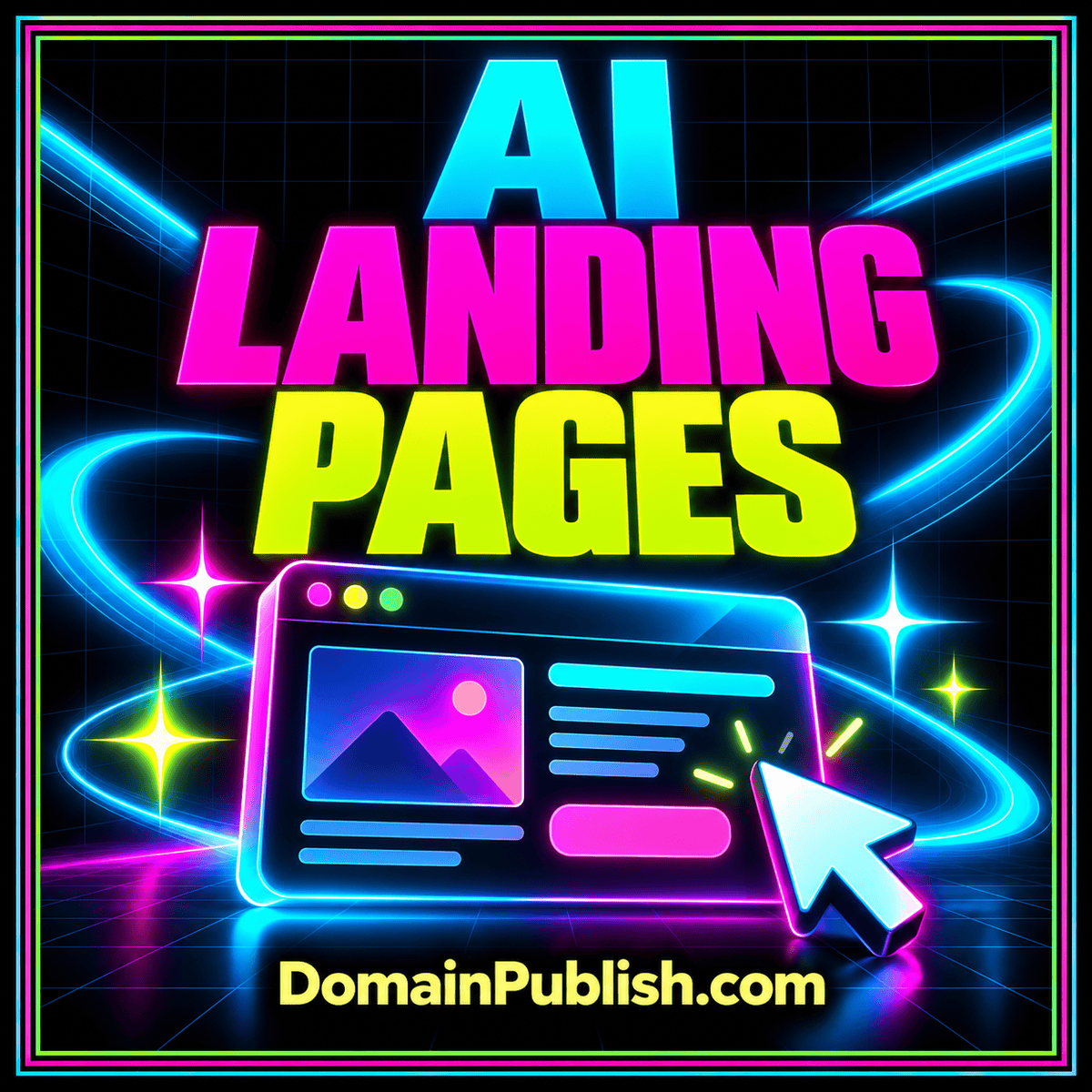 Neon AI domain landing page card with an editable page layout and a prominent review check.