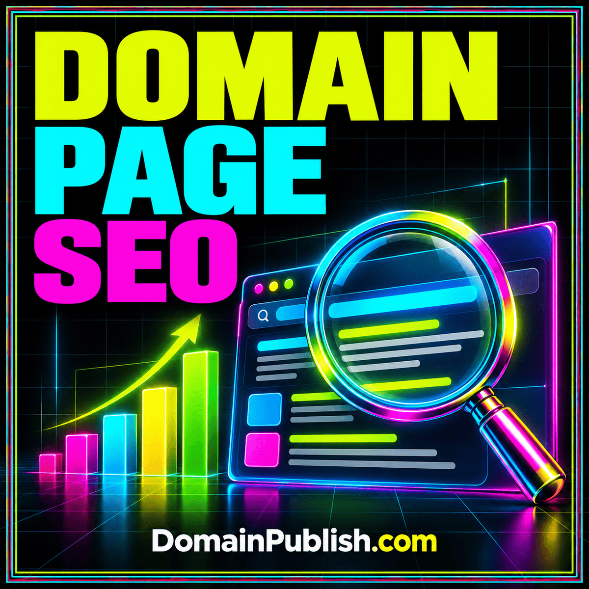 Neon typography card reading Domain Landing SEO with page-title cards, link paths, a canonical URL marker and DomainPublish.com branding.
