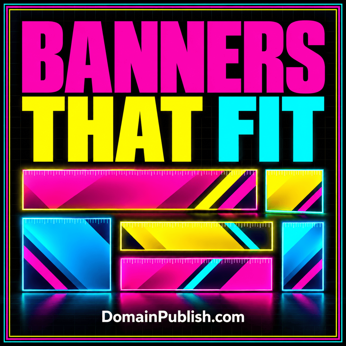Neon typography card reading Banners That Read with horizontal and square banner outlines and DomainPublish.com branding.