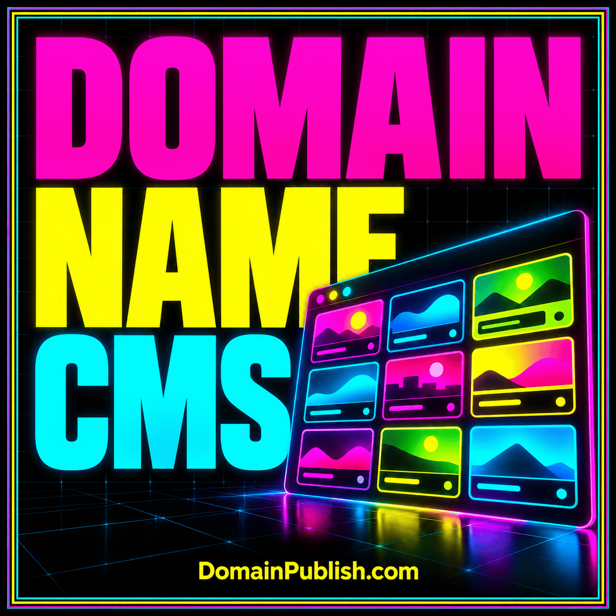 Neon Domain Name CMS typography card with organized domain records and connected page cards.