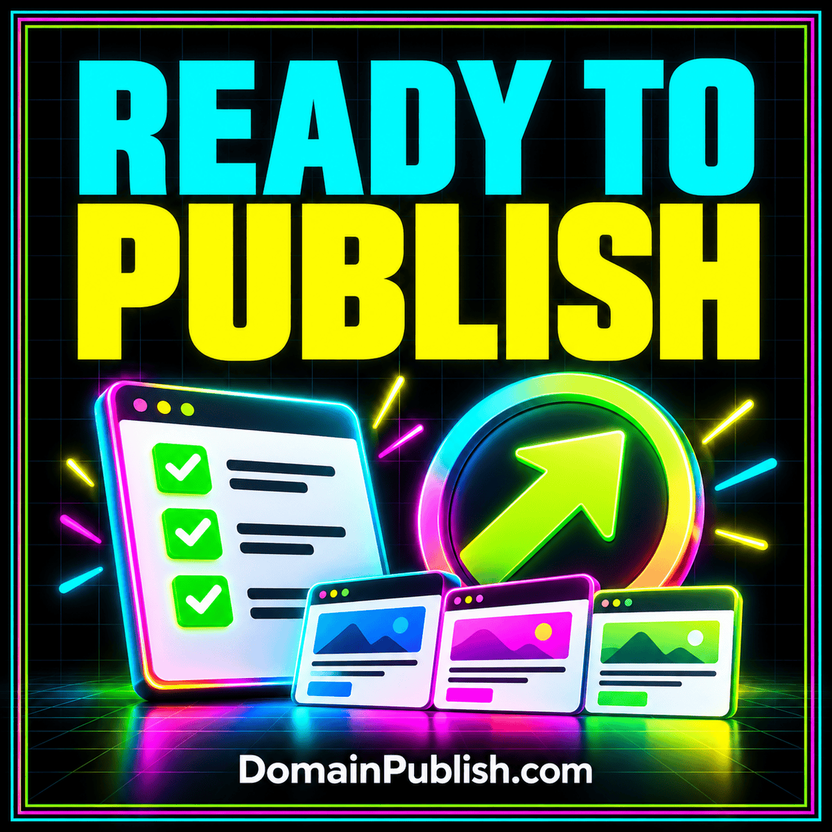 Neon typography card reading Portfolio Launch Checklist with page previews, banner assets, review marks and DomainPublish.com branding.