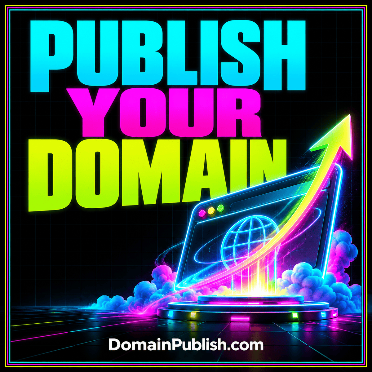 Neon domain publishing typography card showing a domain name becoming a structured website.