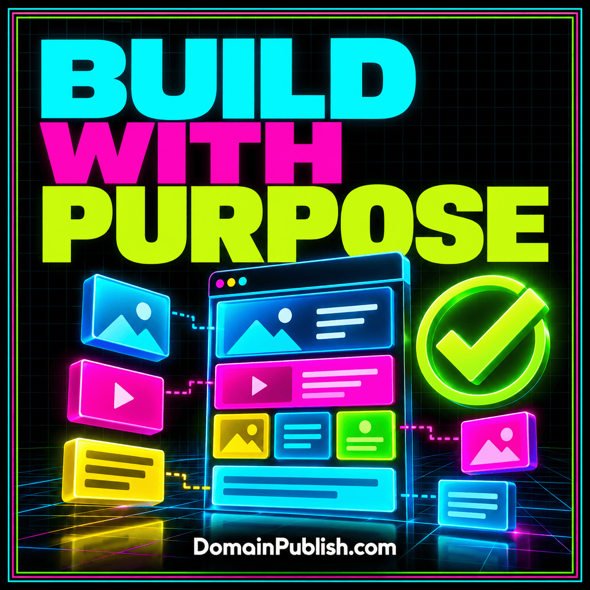 Neon domain website builder checklist card with a browser window, export folder and check marks.