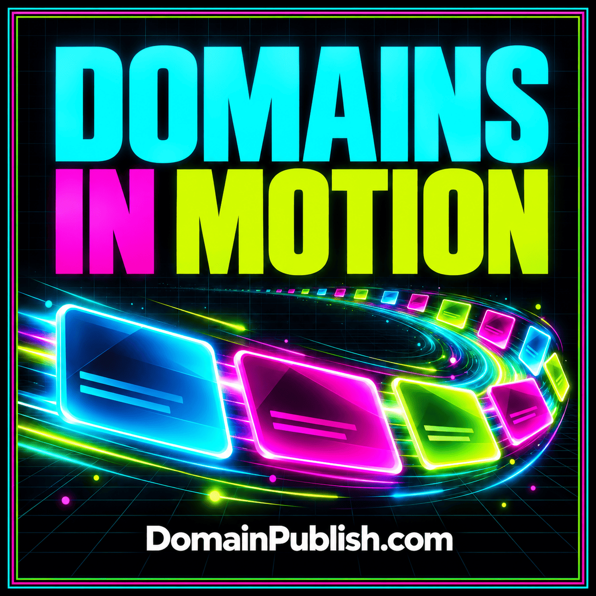 Neon typography card reading Lightweight Domain Tickers with a scrolling domain strip and DomainPublish.com branding.